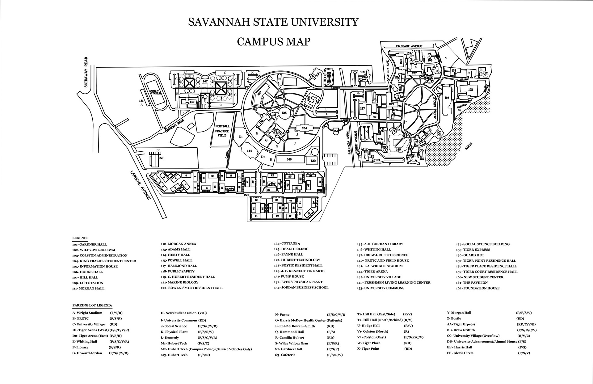 A black and white overhead map of the buildings on Savannah State University's campus.