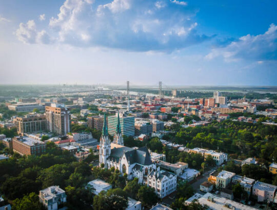 series of shots taken high above savannah, ga