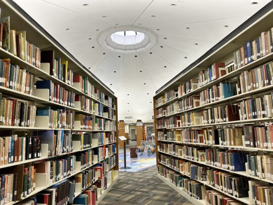 the second floor stacks at Gordon Library